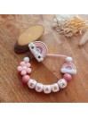 Attache sucette personnalisée en silicone, arc en ciel, fleur rose fille, prénom enfant.