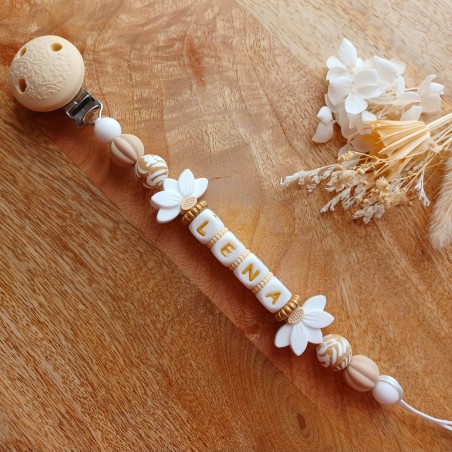 Attache sucette personnalisée en silicone, beige crème blanc, prénom enfant.