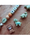 Attache sucette personnalisée en silicone, animaux safari girafe dinosaure lion, prénom enfant.