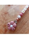 Attache sucette personnalisée en silicone, Vieux Rose fleur , prénom.