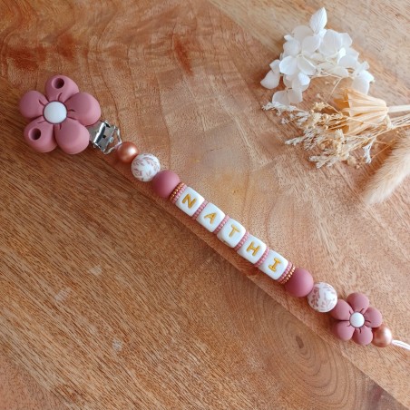 Attache sucette personnalisée en silicone, Vieux Rose fleur , prénom.
