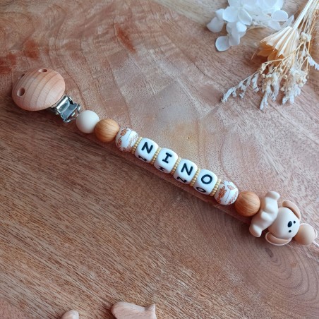 Attache sucette personnalisée en silicone, marron brown chien, prénom enfant.