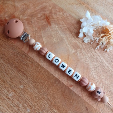 Attache sucette personnalisée en silicone, OURS beige-marron, prénom.