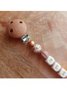 Attache sucette personnalisée en silicone, Maman et bébé OURS beige-marron, prénom.