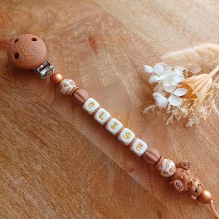 Attache sucette personnalisée en silicone, Maman et bébé OURS beige-marron, prénom.