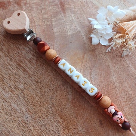 Attache sucette personnalisée en silicone, Ecureuil beige-marron, prénom.