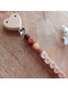 Attache sucette personnalisée en silicone, Chouette beige-marron, prénom.