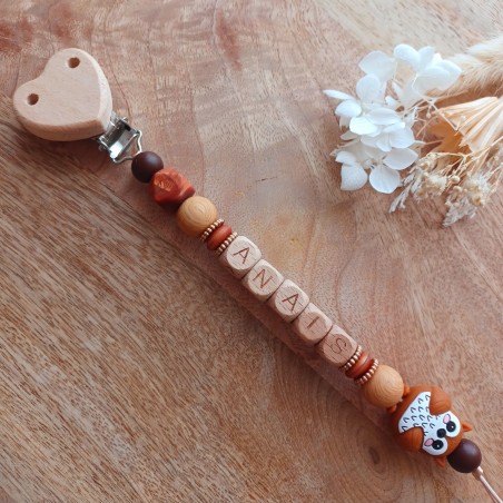 Attache sucette personnalisée en silicone, Chouette beige-marron, prénom.