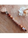 Attache sucette personnalisée en silicone, Chouette beige-marron, prénom.