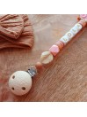 Attache sucette personnalisée en silicone, Escargot rose-marron, prénom.