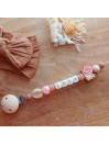 Attache sucette personnalisée en silicone, Escargot rose-marron, prénom.