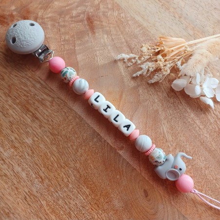 Attache sucette personnalisée en silicone, Eléphant rose-gris, prénom.