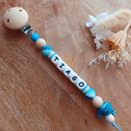 Attache sucette personnalisée en silicone, Baleine Bleu marine, prénom.