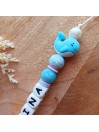 Attache sucette personnalisée en silicone, Baleine Bleu Ciel, prénom.