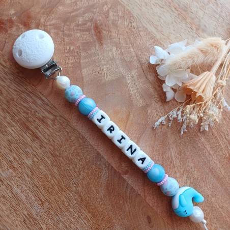 Attache sucette personnalisée en silicone, Baleine Bleu Ciel, prénom.