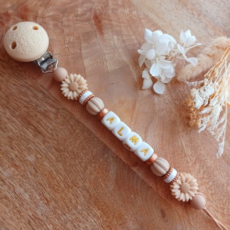 Attache sucette personnalisée en silicone,  fleur marguerite beige-blanc, prénom.