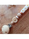 Attache sucette personnalisée en silicone,  fleur marguerite beige-blanc, prénom.