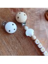 Attache sucette personnalisée en silicone,  Coquillage-tortue beige-blanc, prénom.