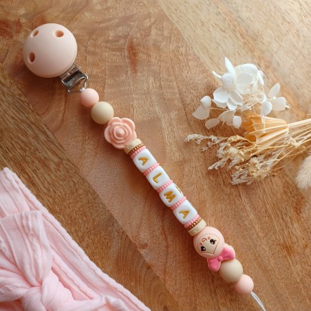 Attache sucette personnalisée en silicone,  Poupée Rose poudré, prénom.
