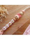 Attache sucette personnalisée en silicone,  Poupée Rose poudré, prénom.