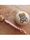 Attache sucette personnalisée en silicone,  Ours fille rose, prénom.
