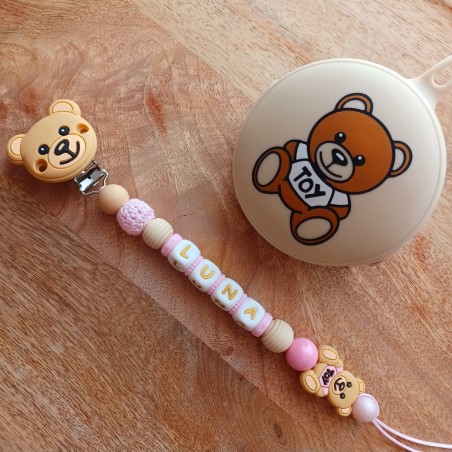 Attache sucette personnalisée en silicone,  Ours fille rose, prénom.