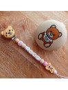 Attache sucette personnalisée en silicone,  Ours fille rose, prénom.