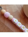 Attache sucette personnalisée en silicone,  Ours fille rose, prénom.
