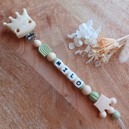 Attache sucette personnalisée en silicone,  Couronne beige roi prince, prénom.