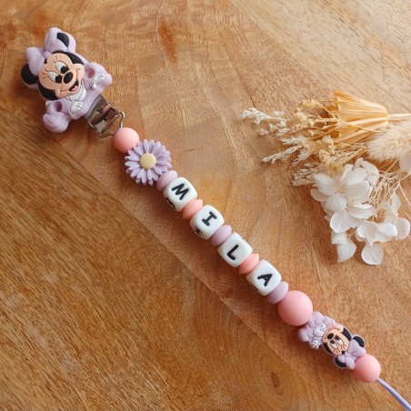 Attache sucette personnalisée en silicone, Disney Minnie Lilac, prénom.