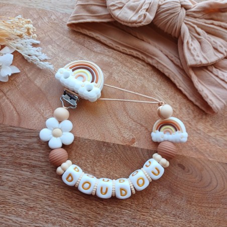 Attache sucette personnalisée en silicone, arc en ciel, beige crème marron, prénom enfant.