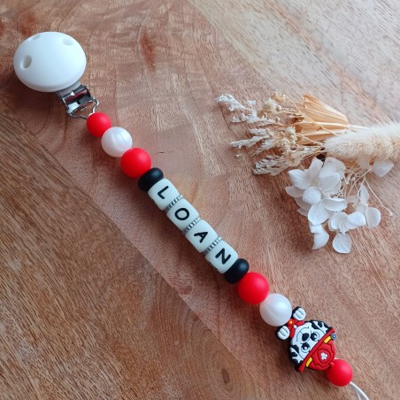 Attache sucette personnalisée en silicone, Pat Patrouille Rouge lettres Fluorescentes, lumineuses, prénom enfant.