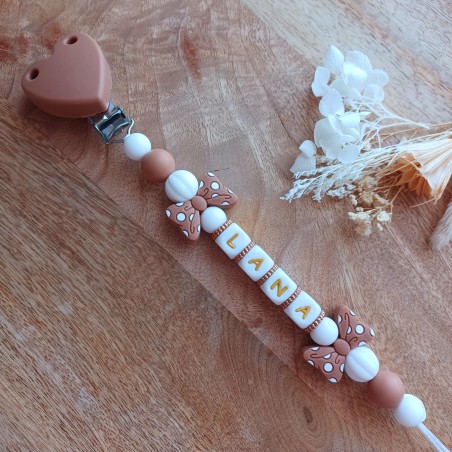 Attache tétine personnalisée, silicone, cadeau naissance, bébé, Lana Noeud Choco