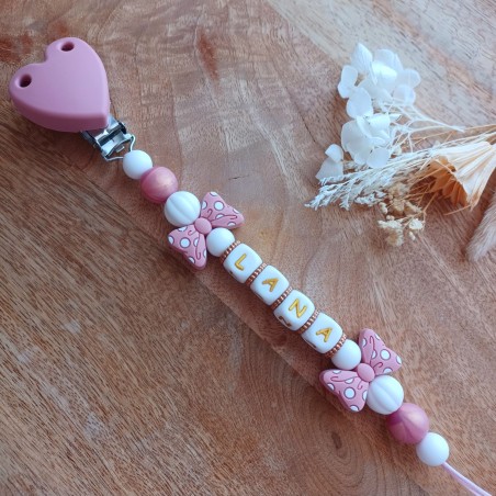 Attache tétine personnalisée, silicone, cadeau naissance, bébé, Lana Noeud Blush