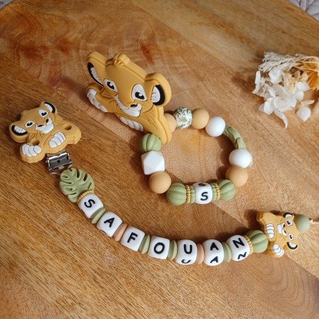 Attache tétine personnalisée - Simba - Roi lion Vert- attache sucette prénom - anneau de dentition