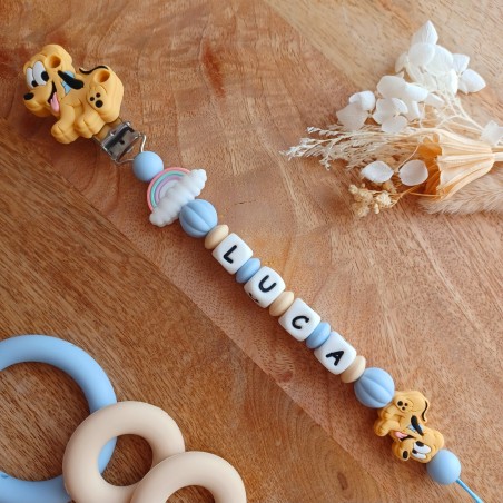 Attache tétine personnalisée, silicone, cadeau naissance, bébé, Chien Pluto garçon