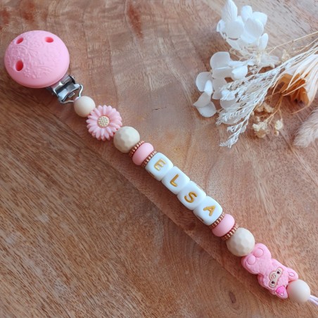 Attache tétine personnalisée, silicone, cadeau naissance, bébé, Lama rose