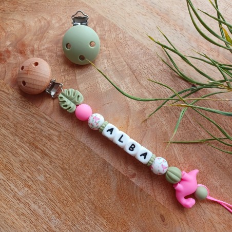 Attache sucette personnalisée en silicone, animaux dinosaure rose, prénom enfant.