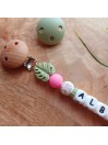 Attache sucette personnalisée en silicone, animaux dinosaure rose, prénom enfant.