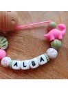 Attache sucette personnalisée en silicone, animaux dinosaure rose, prénom enfant.
