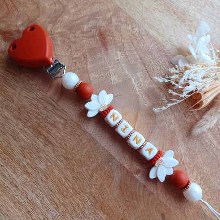Attache tétine personnalisée, silicone, cadeau naissance, bébé, Coeur Terracota.