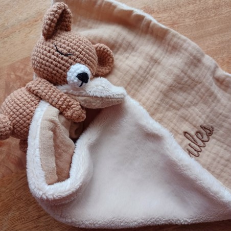 Doudou Tricot coton, Ours avec grelot à l'intérieur. Cadeau de naissance.