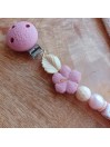 Attache sucette personnalisée en silicone, beige vieux rose, prénom enfant.