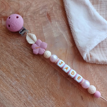 Attache sucette personnalisée en silicone, beige vieux rose, prénom enfant.