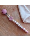 Attache sucette personnalisée en silicone, beige vieux rose, prénom enfant.