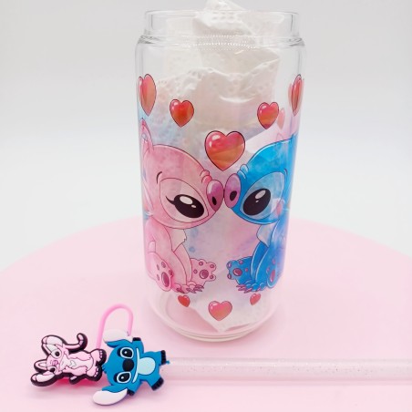 Canette en verre Transparent avec anse: Stitch et Angel