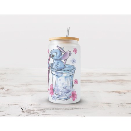 Canette personnalisable en verre dépolie : Stitch à Hawaii